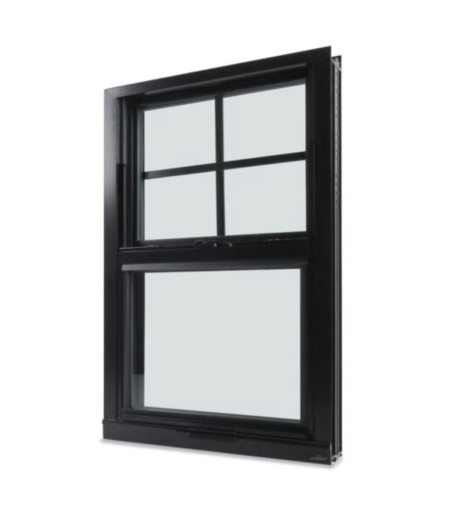 A black framed window with divided panes, featuring a horizontal sliding bottom section and a fixed top section.